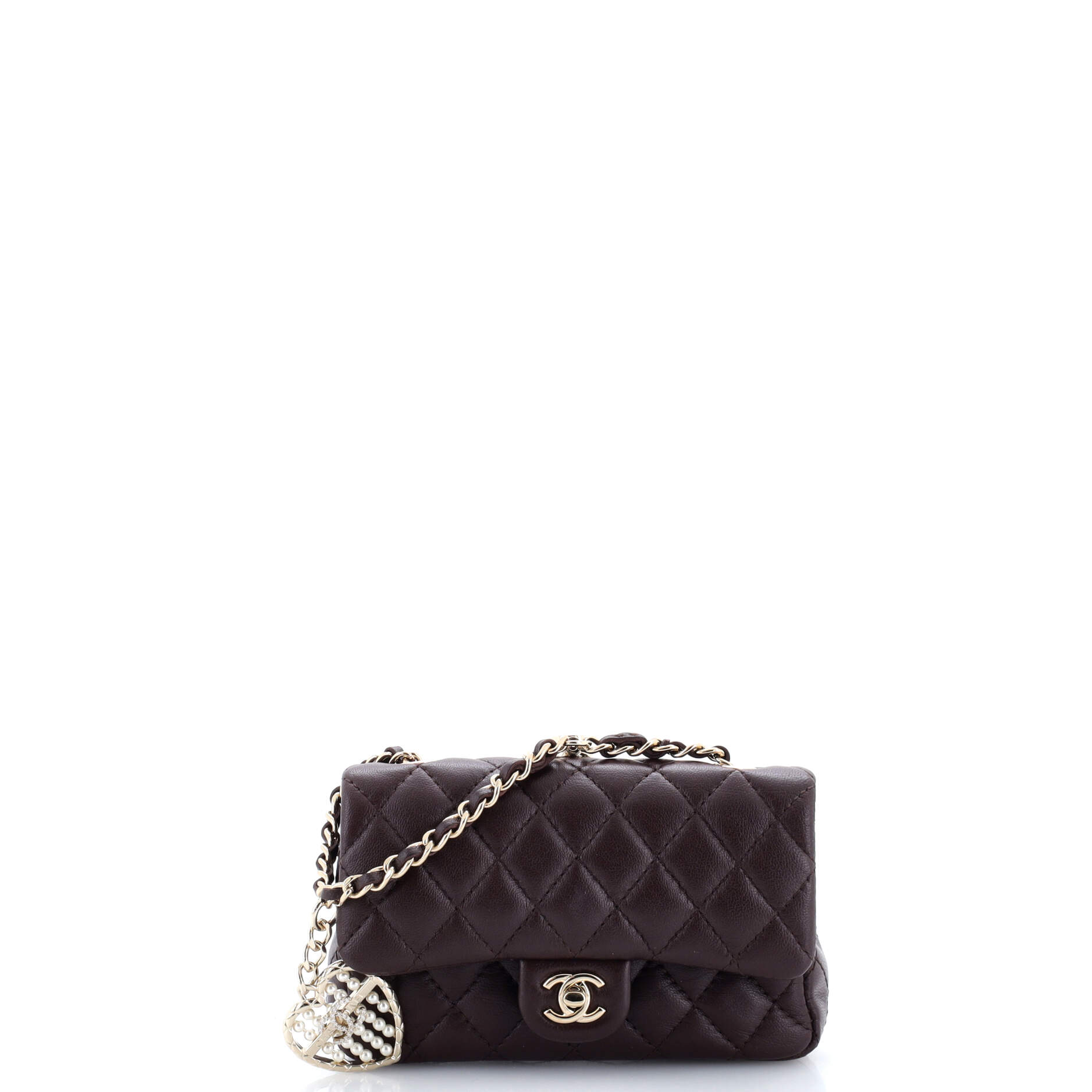 CC Heart Charm Double Flap Hook Bag Quilted Lambskin with Faux Pearls and Crystals Mini