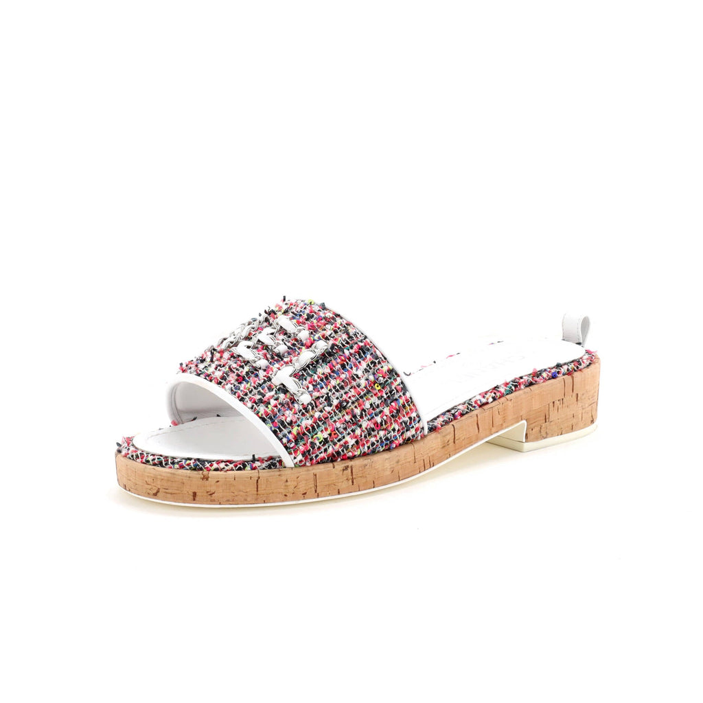 Women's Chain CHA-NEL Mule Sandals Tweed and Cork