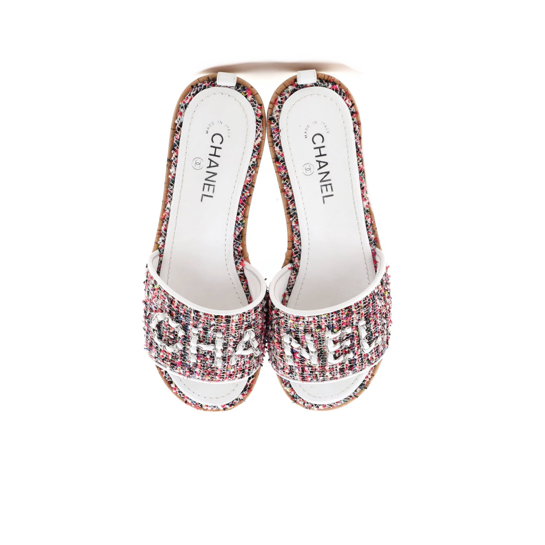 Women's Chain CHA-NEL Mule Sandals Tweed and Cork
