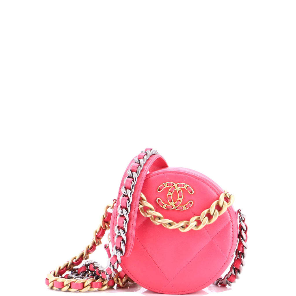 19 Round Clutch with Chain Quilted Leather