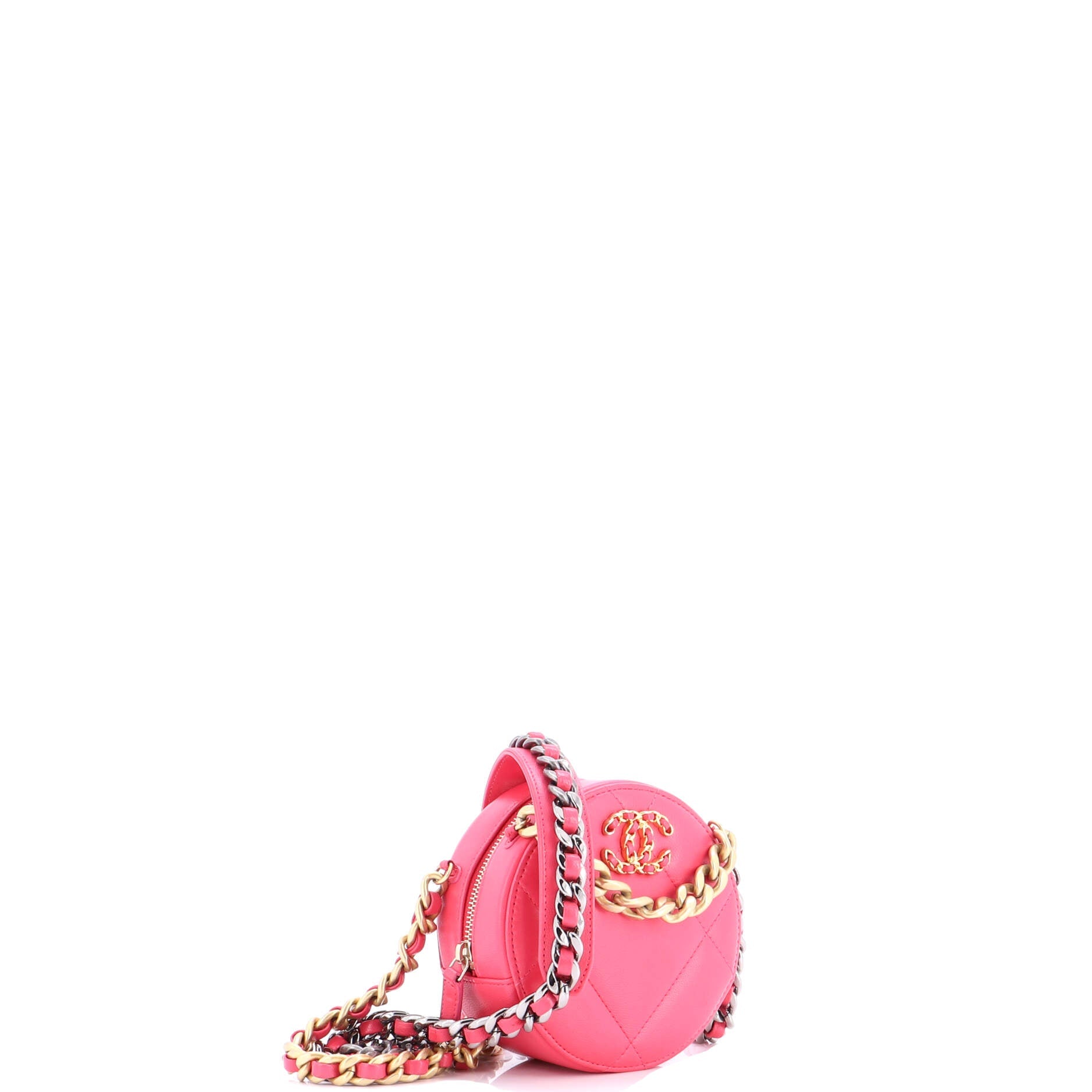 19 Round Clutch with Chain Quilted Leather