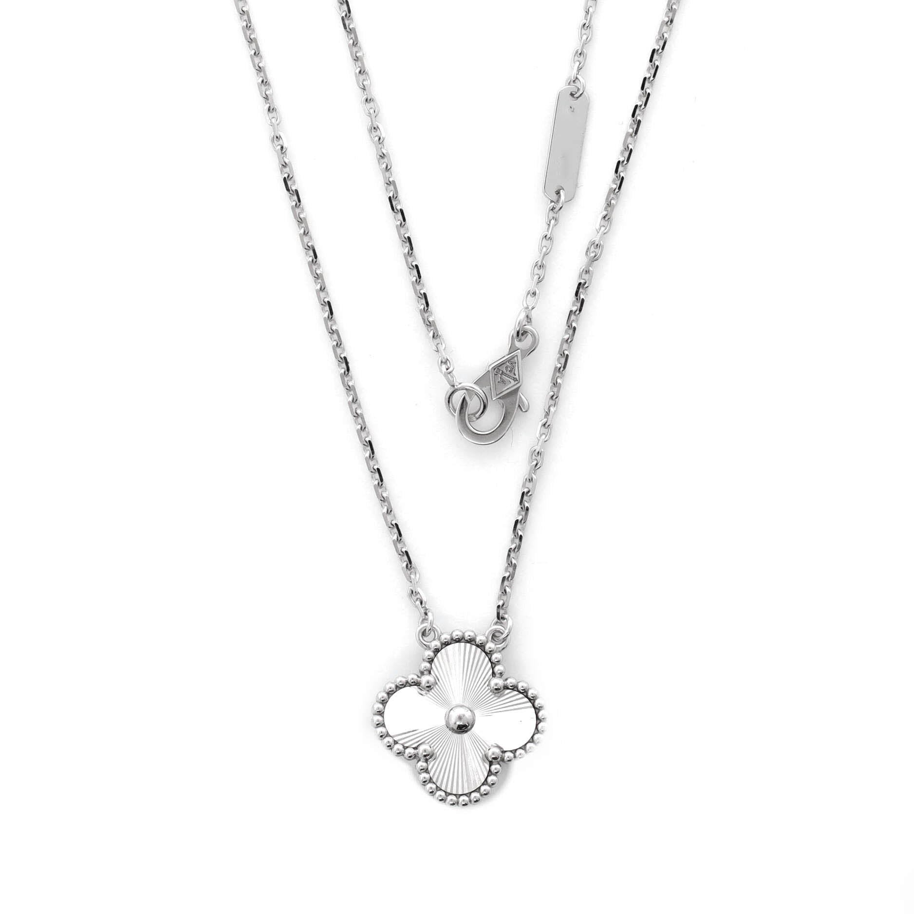 Vintage Alhambra Pendant Necklace Guilloche 18K White Gold