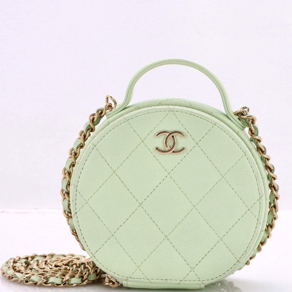 Handle with Care Round Vanity Case with Chain Quilted Caviar Small