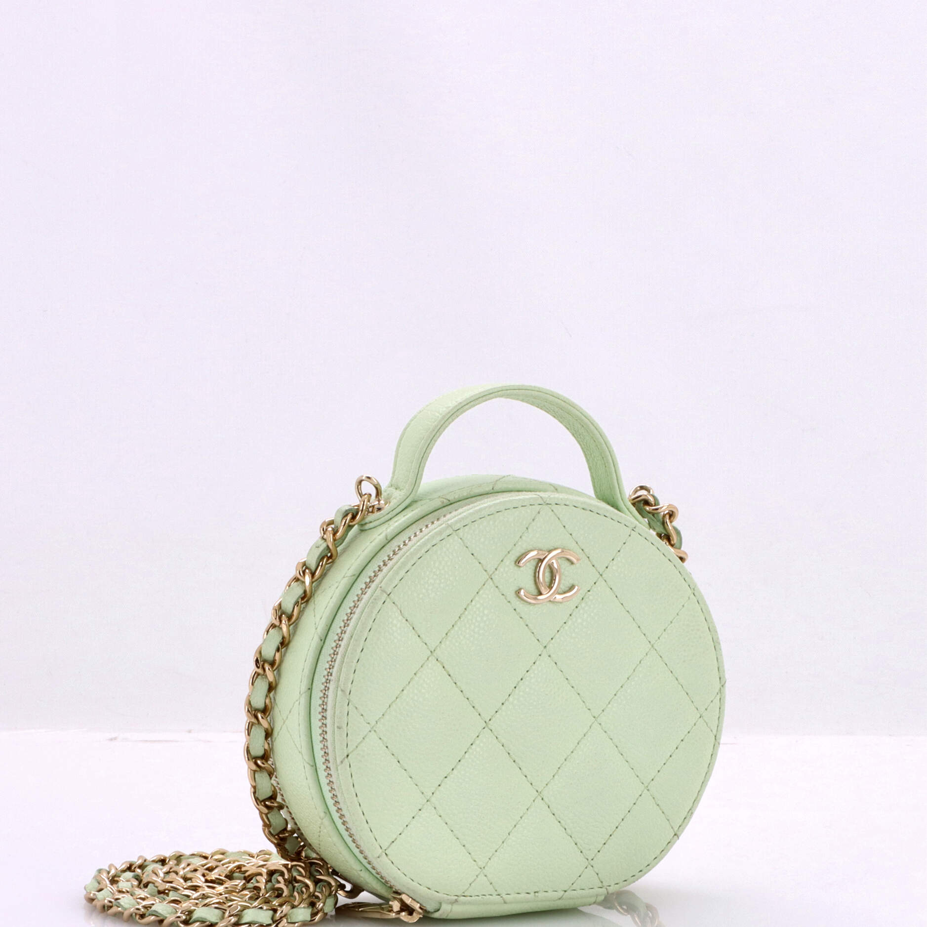 Handle with Care Round Vanity Case with Chain Quilted Caviar Small