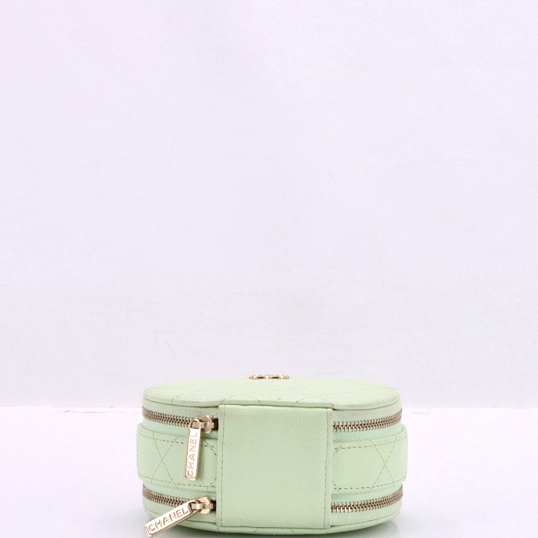 Handle with Care Round Vanity Case with Chain Quilted Caviar Small