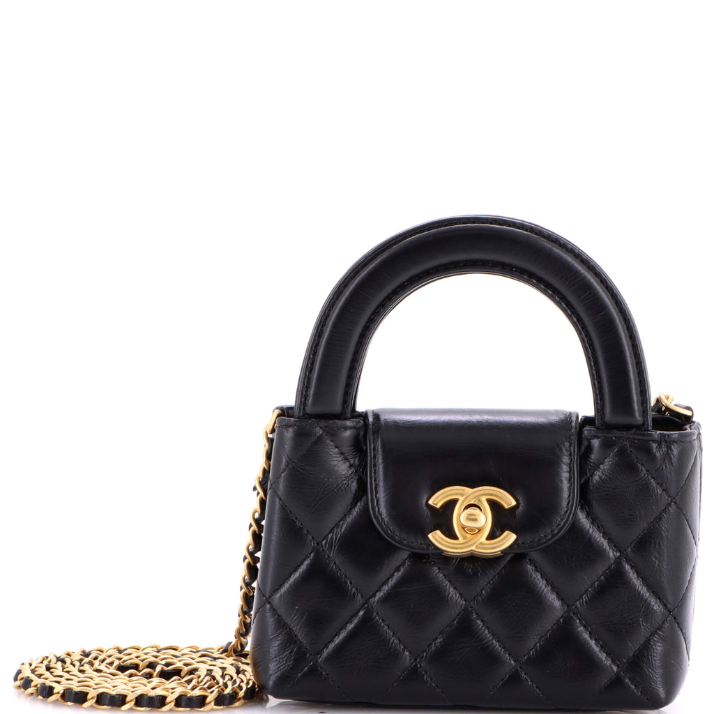 Kelly Top Handle Shopping Bag Quilted Shiny Aged Calfskin Nano