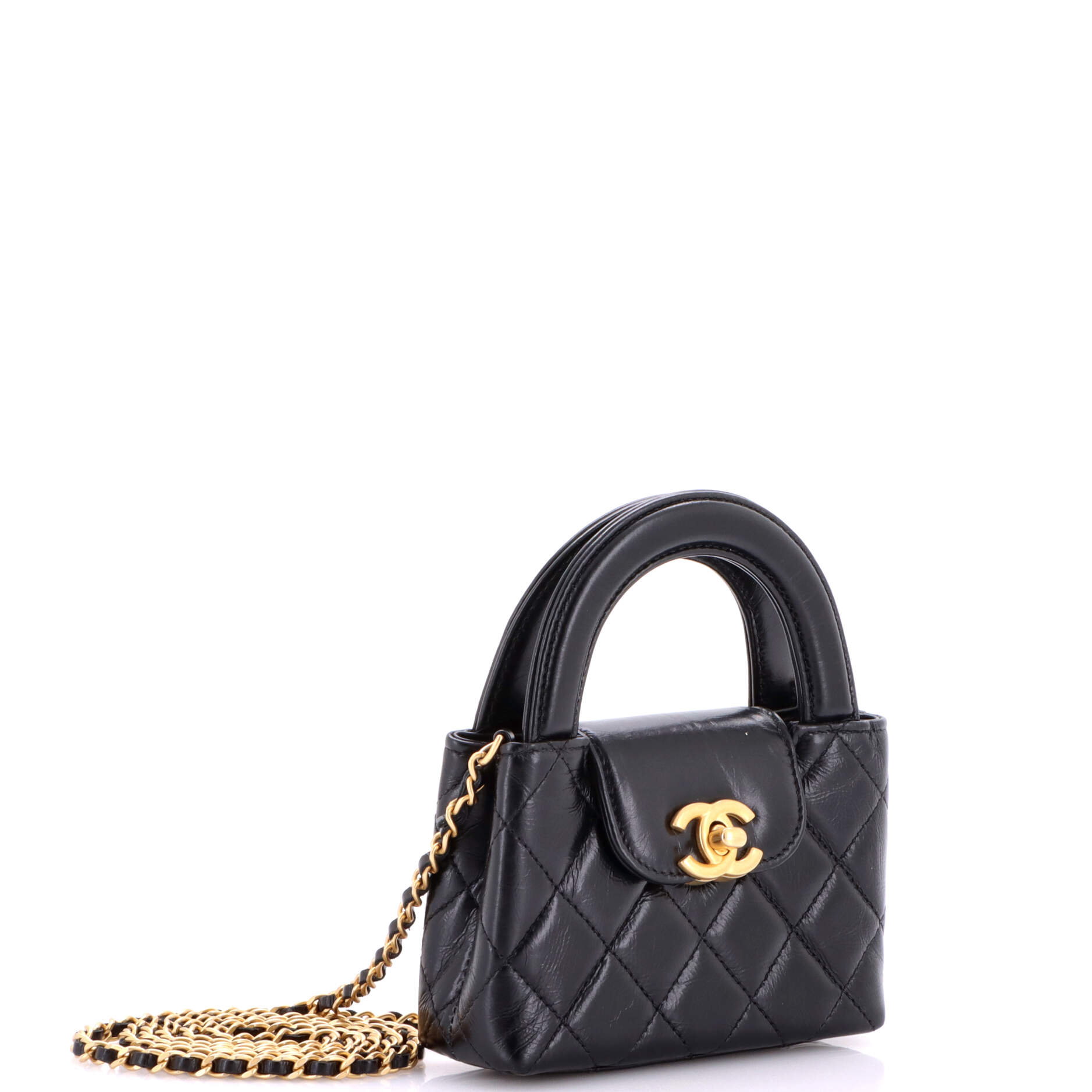 Kelly Top Handle Shopping Bag Quilted Shiny Aged Calfskin Nano