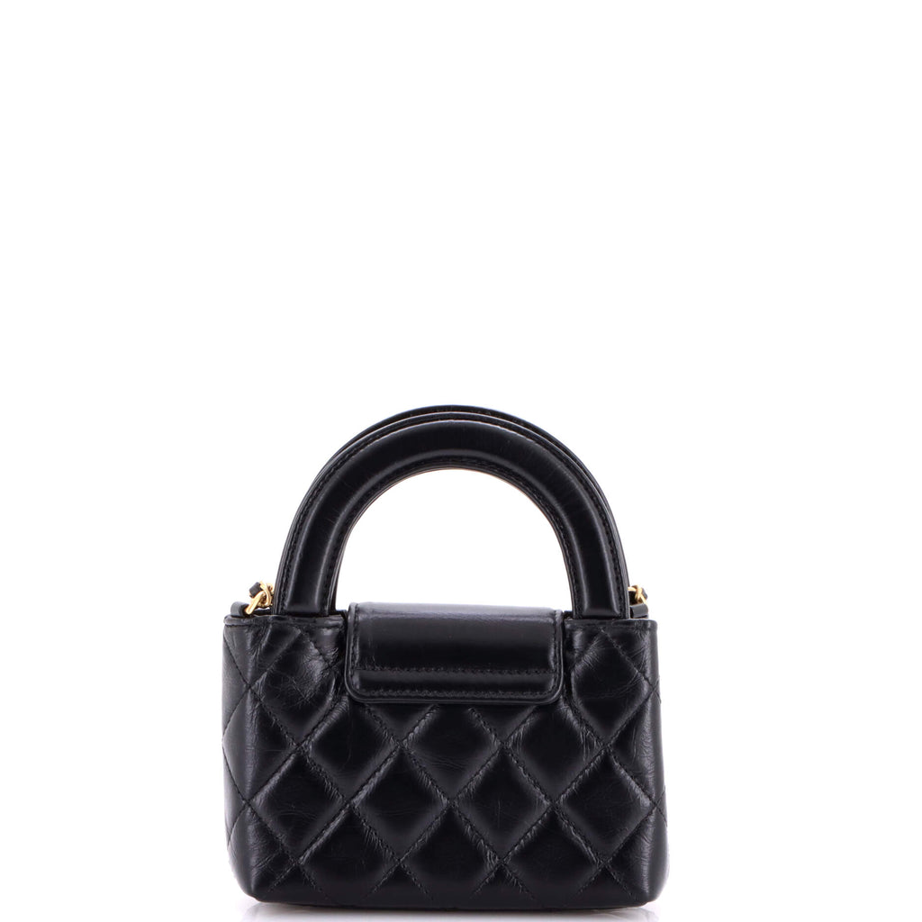 Kelly Top Handle Shopping Bag Quilted Shiny Aged Calfskin Nano