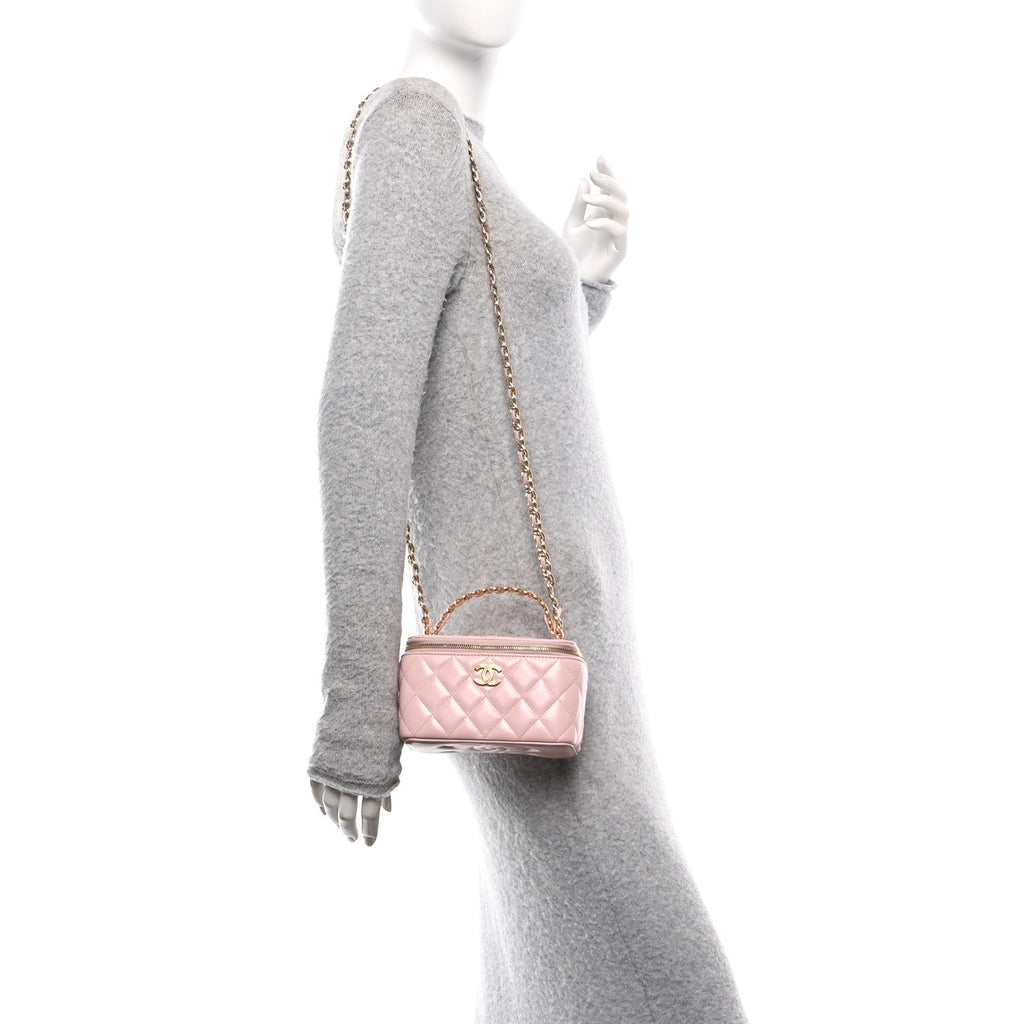 Lambskin Quilted Small Top Handle Vanity Case With Chain Light Pink