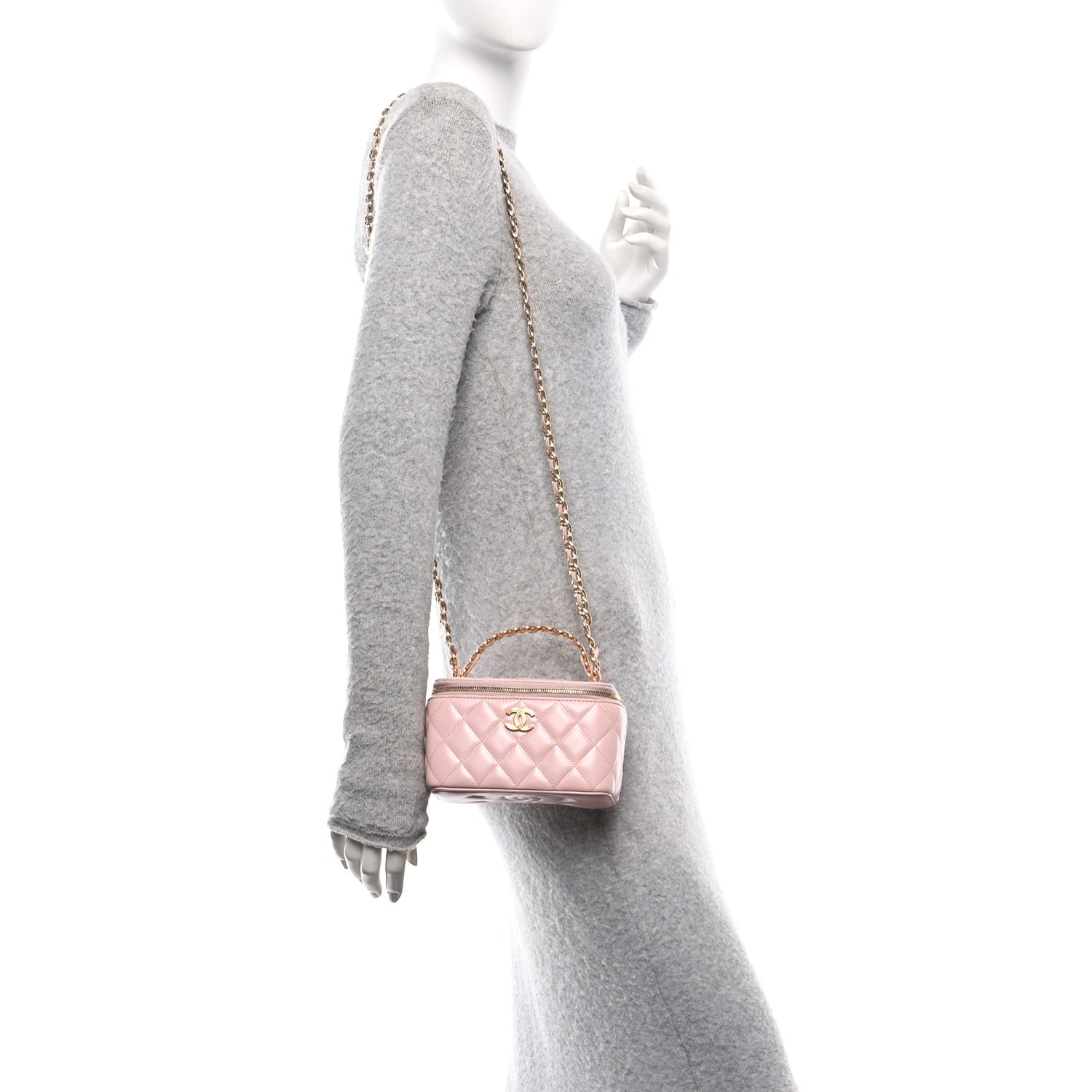 Lambskin Quilted Small Top Handle Vanity Case With Chain Light Pink