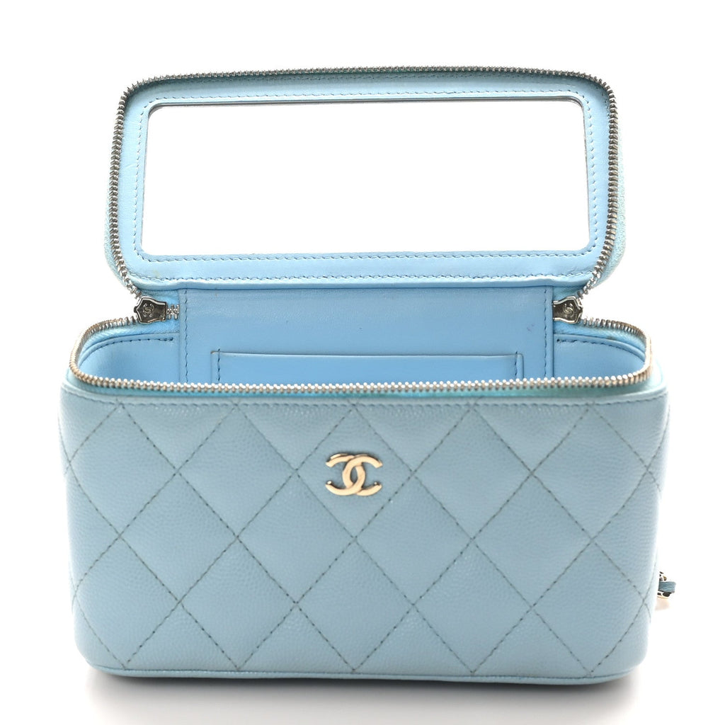 Caviar Quilted Small Tiny CC Vanity Case With Chain Light Blue