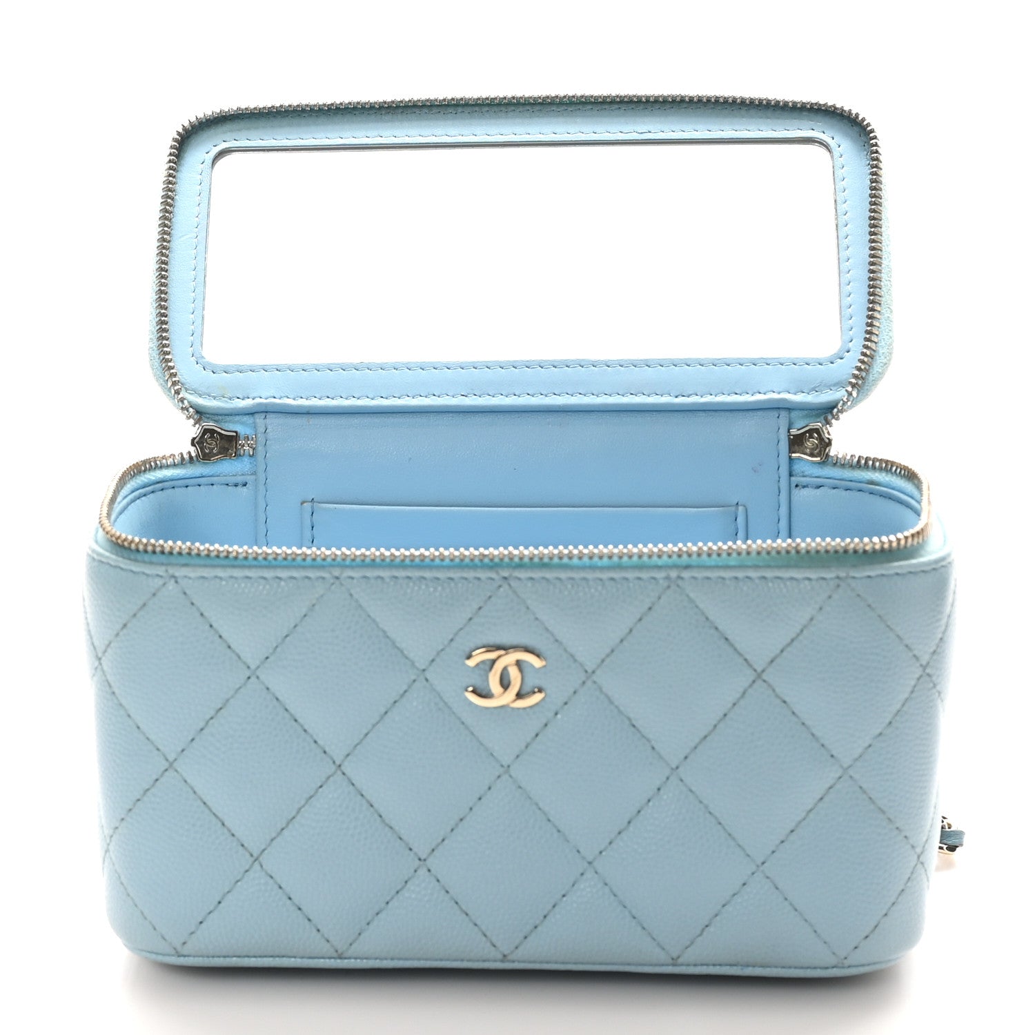 Caviar Quilted Small Tiny CC Vanity Case With Chain Light Blue