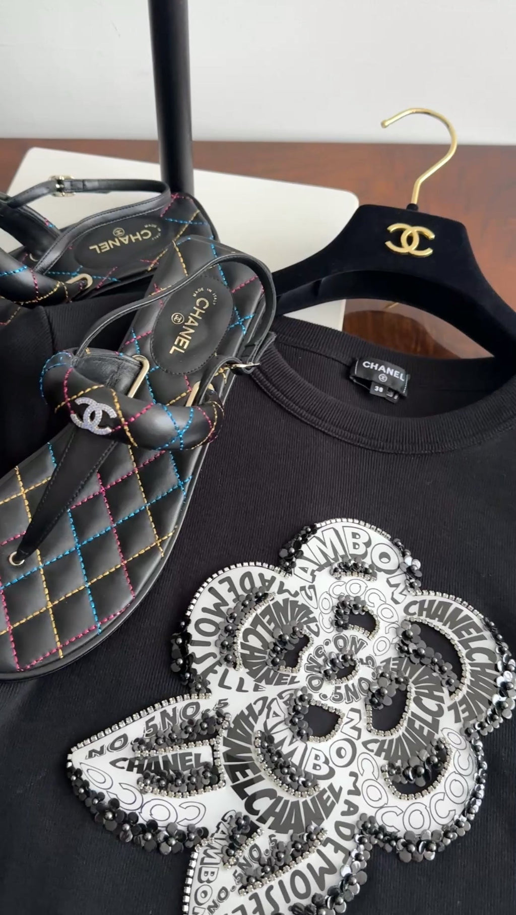 Chanel Black Cotton Camelia Logo Crystal Embellished T Shirt - 38 (S/M)