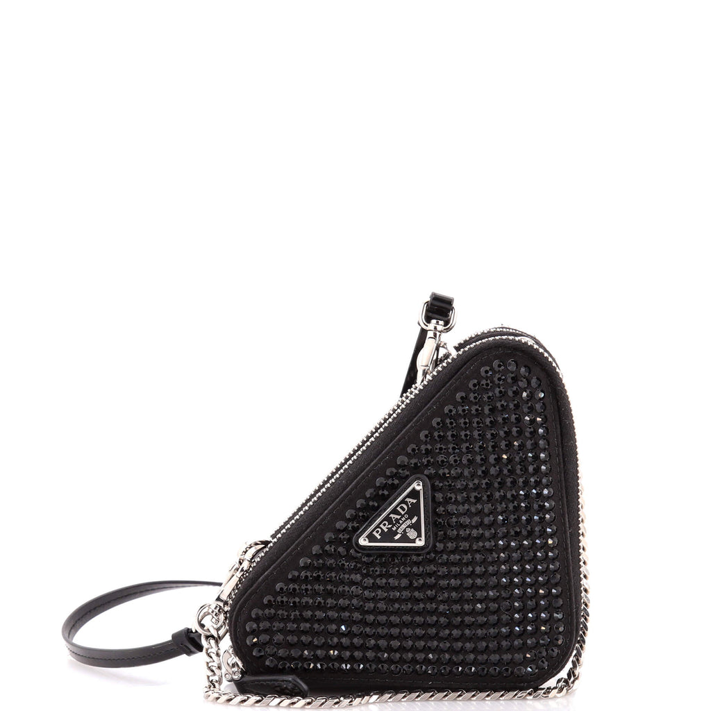 Triangle Double Pouch Crossbody Crystal Embellished Satin Mini