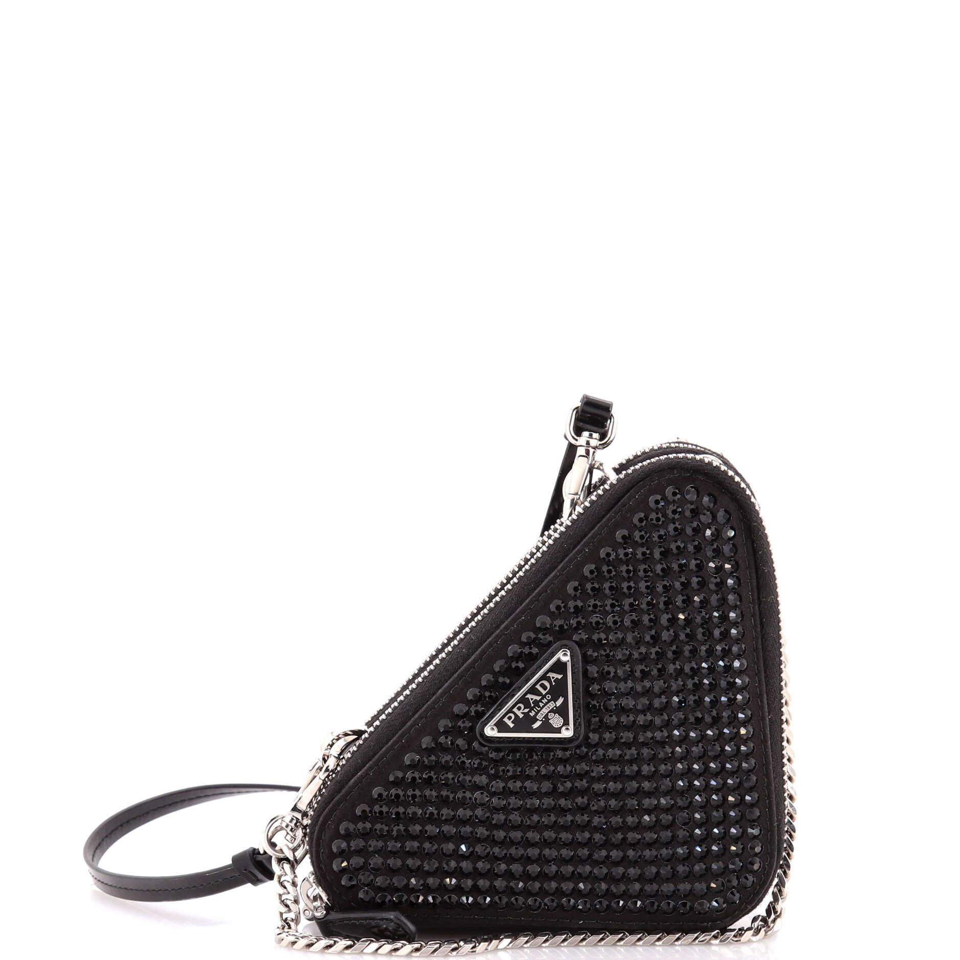 Triangle Double Pouch Crossbody Crystal Embellished Satin Mini