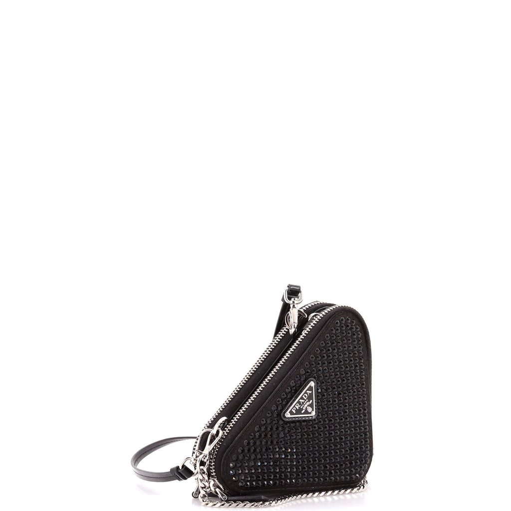 Triangle Double Pouch Crossbody Crystal Embellished Satin Mini