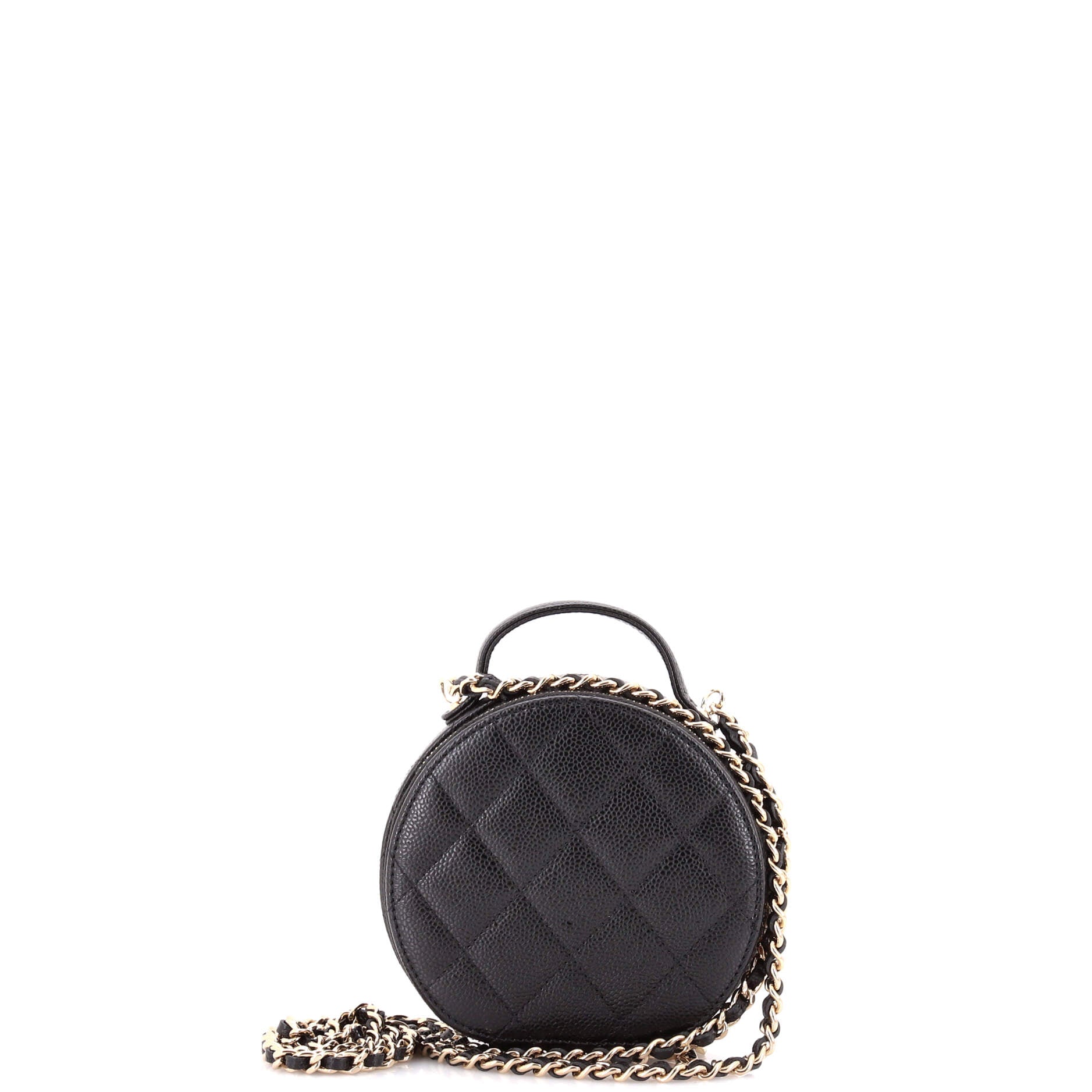 Handle with Care Round Vanity Case with Chain Quilted Caviar Small