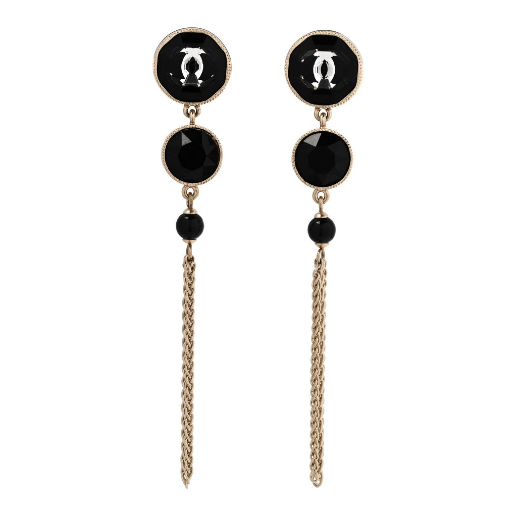 Crystal CC Chain Tassel Drop Earrings Gold Black