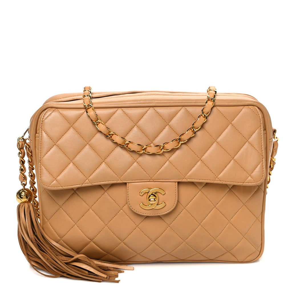 Lambskin Quilted Flap Camera Case Beige Clair