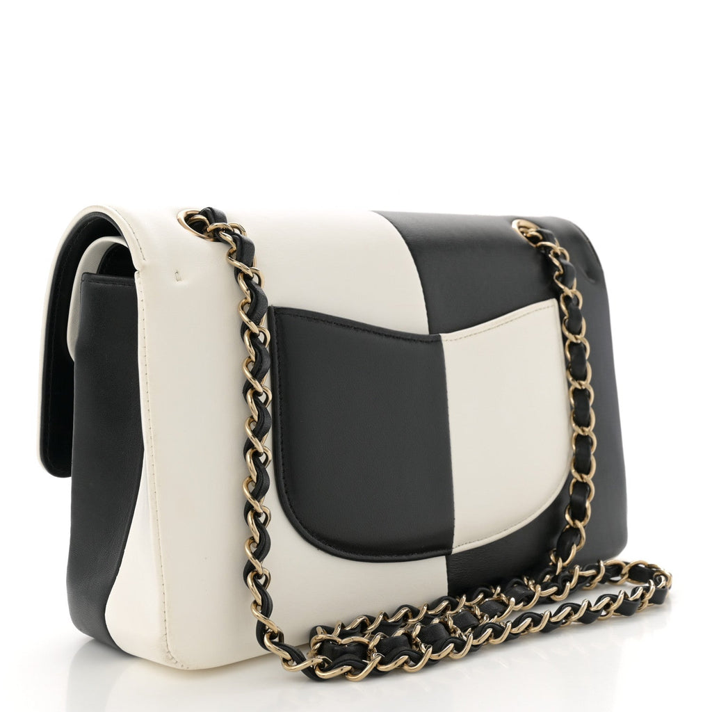 Lambskin Geometric Patchwork Medium Double Flap White Black