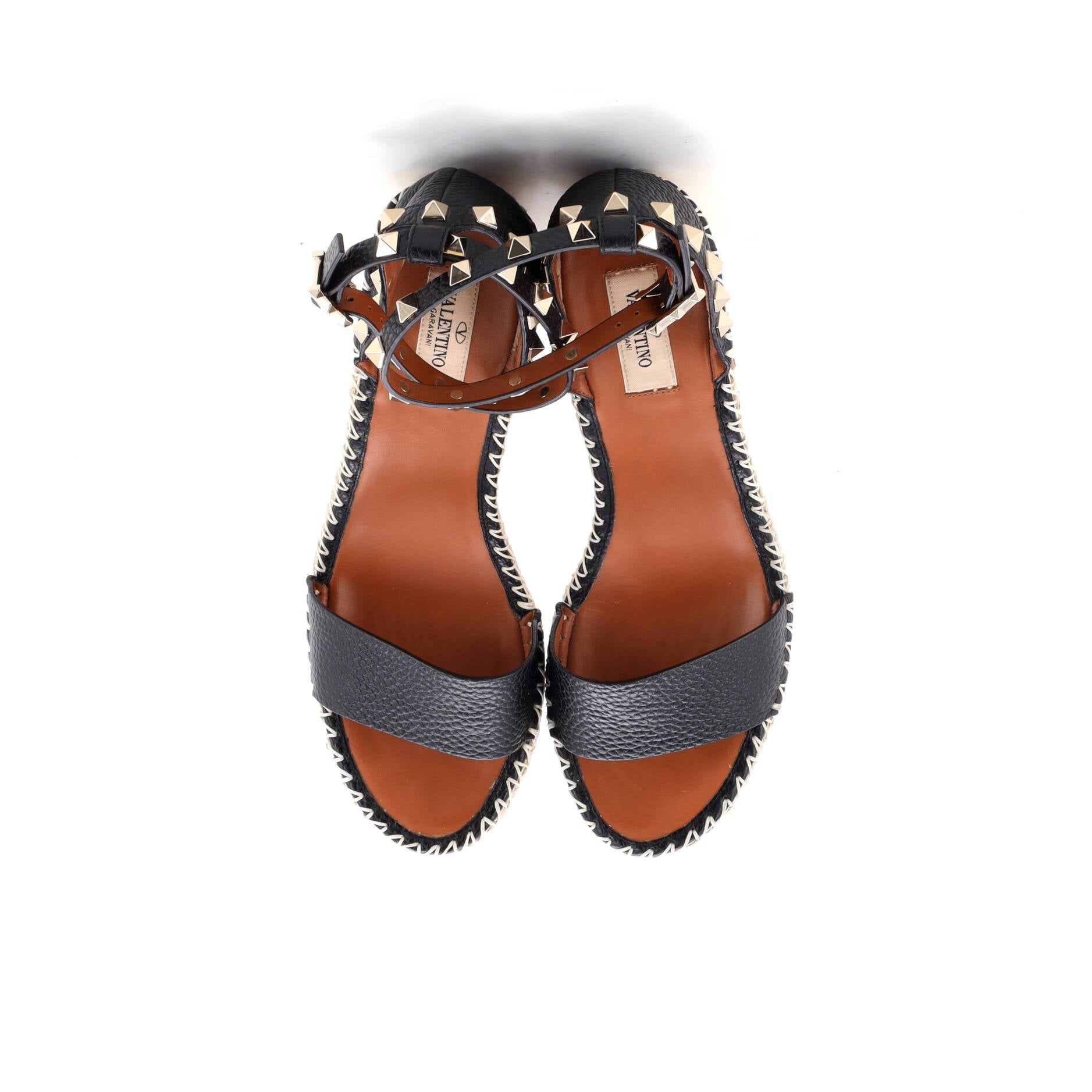 Women's Rockstud Ankle Strap Double Wedge Sandals Leather