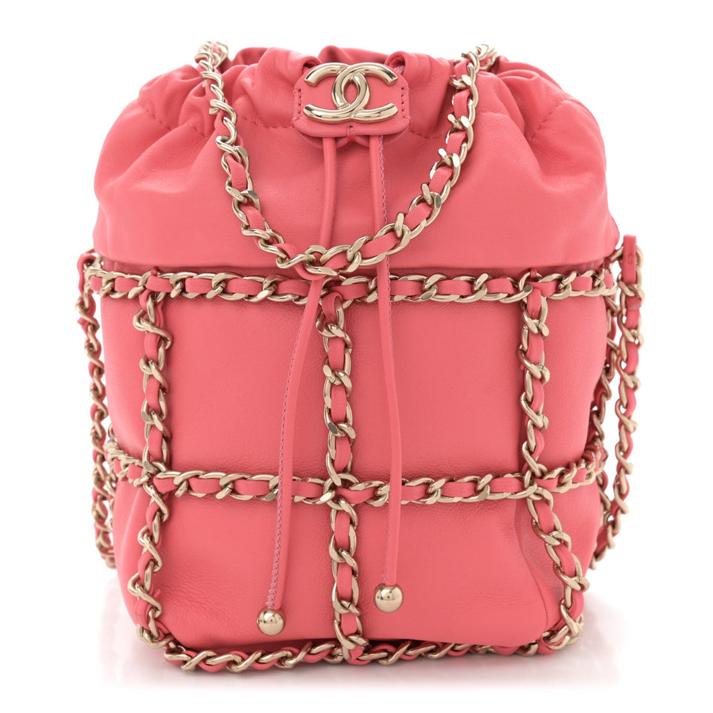 Lambskin Bucket Chain Drawstring Bag Pink