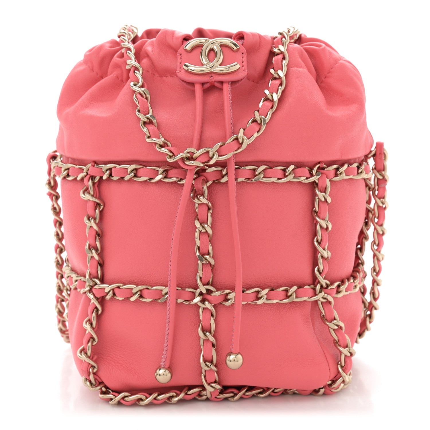 Lambskin Bucket Chain Drawstring Bag Pink