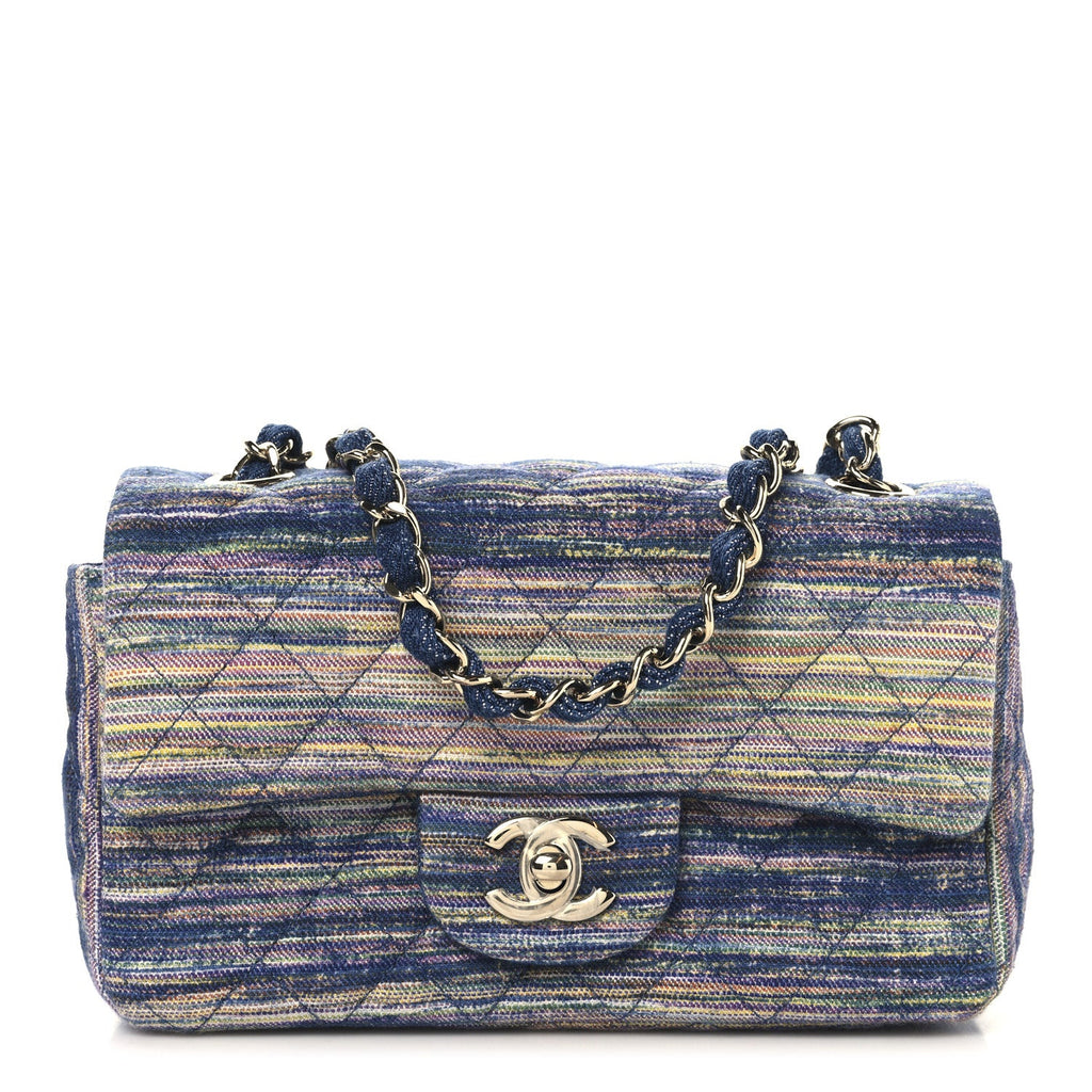 Striated Denim Quilted Classics in Fabrics Mini Rectangular Flap Navy Yellow Purple Green Multicolor