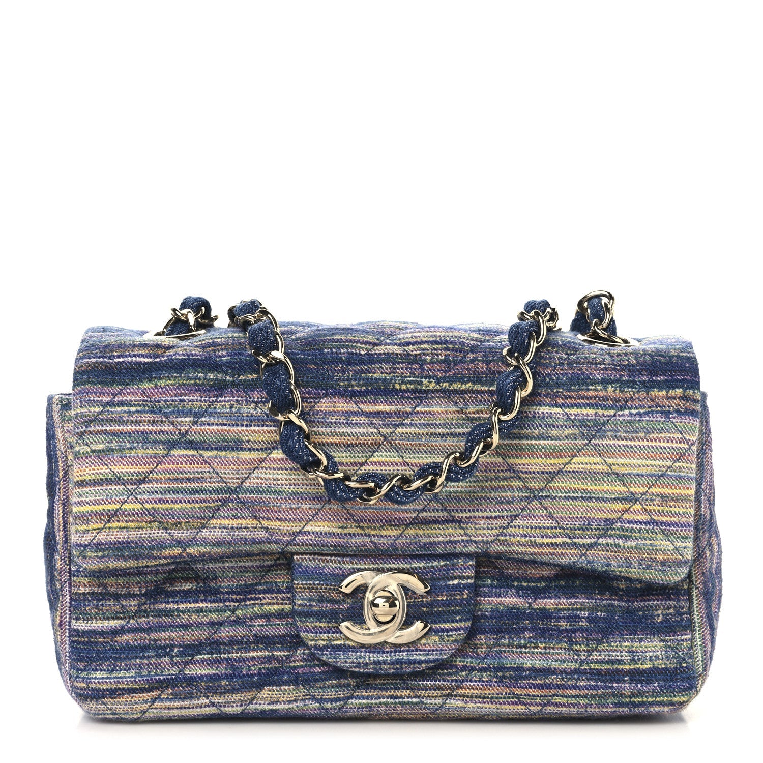 Striated Denim Quilted Classics in Fabrics Mini Rectangular Flap Navy Yellow Purple Green Multicolor