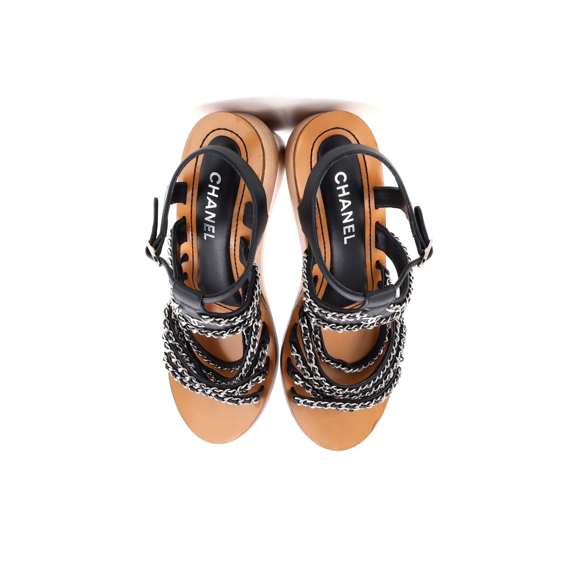 Women's Multi-Chain Wedge Sandals Leather and Wood