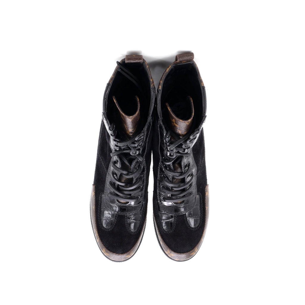Women's Laureate Platform Desert Boots Suede with Monogram Canvas and Crocodile Embossed Patent