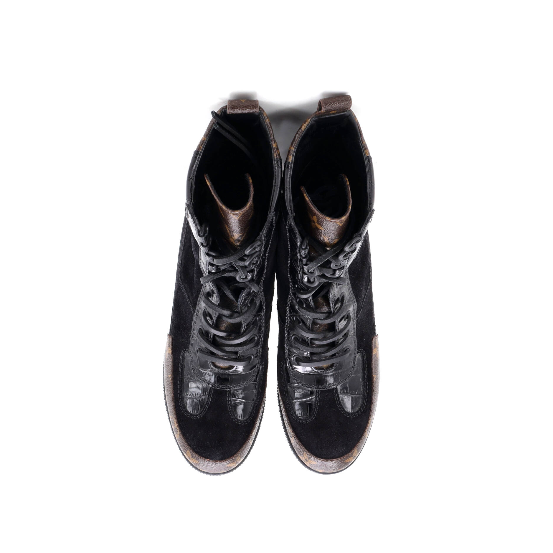 Women's Laureate Platform Desert Boots Suede with Monogram Canvas and Crocodile Embossed Patent