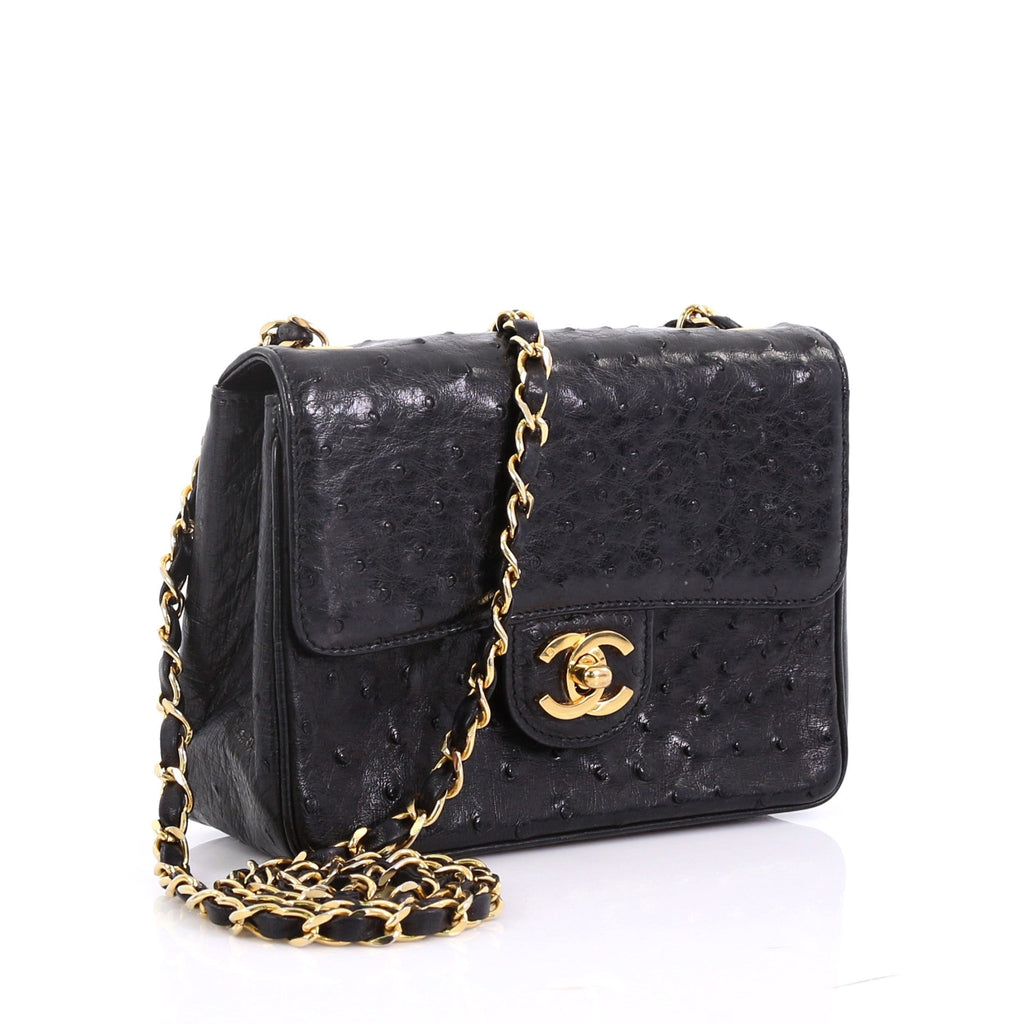 Vintage Square Classic Single Flap Bag Ostrich Mini