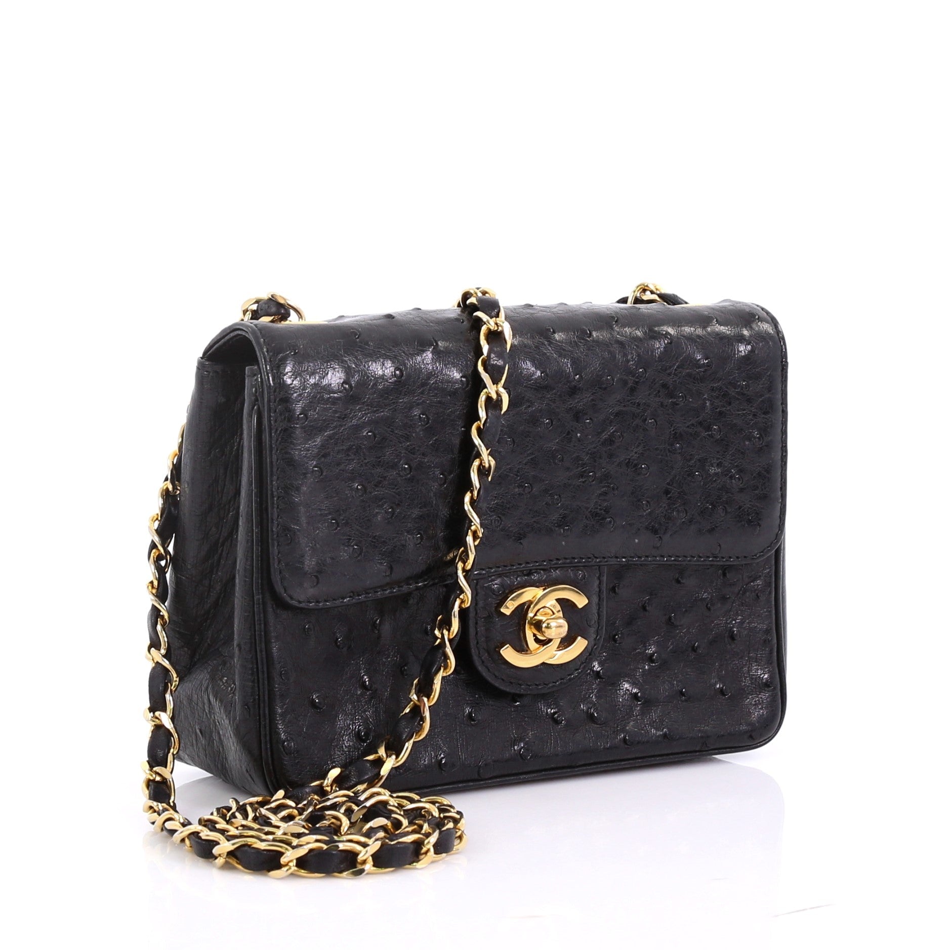 Vintage Square Classic Single Flap Bag Ostrich Mini