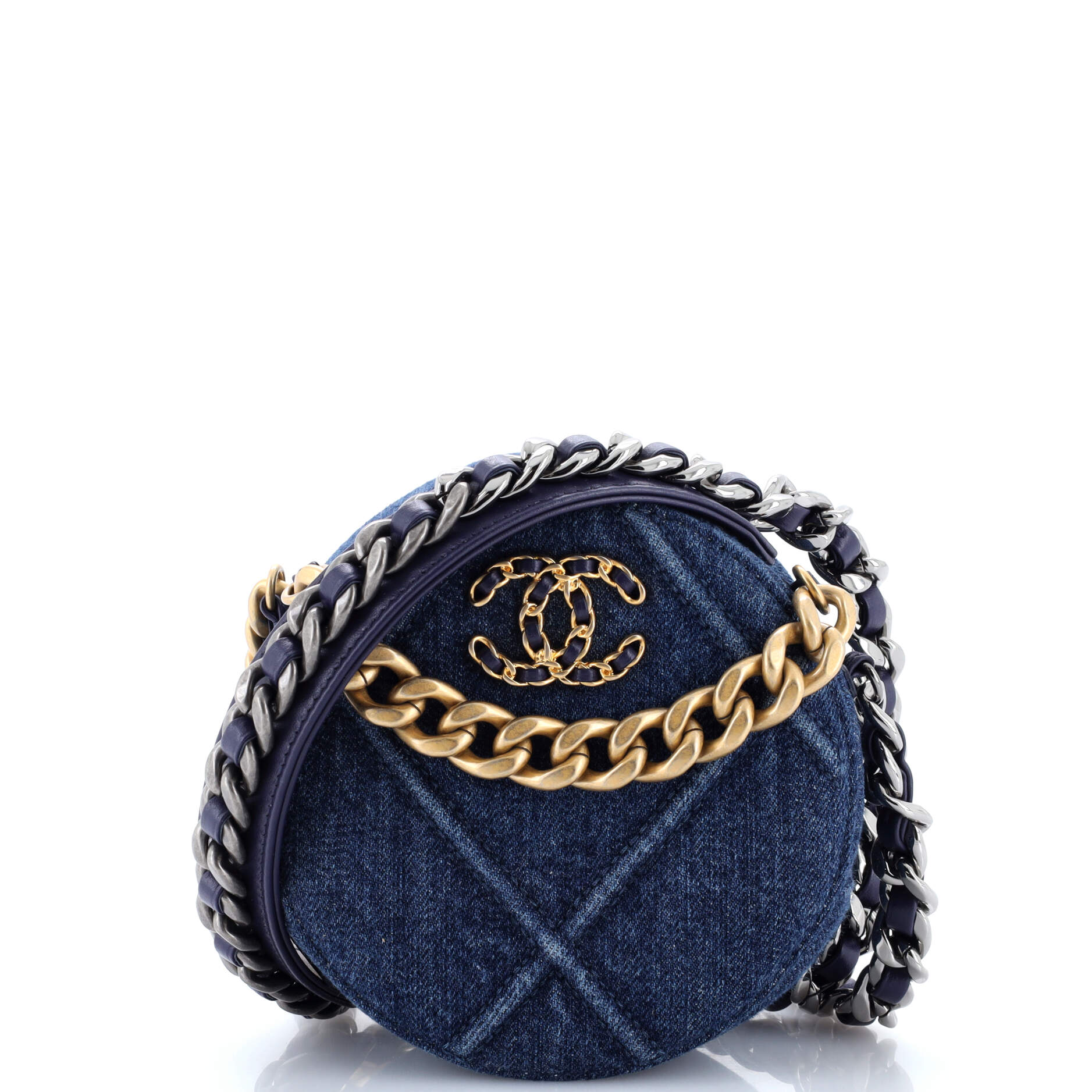 19 Round Clutch with Chain Quilted Denim