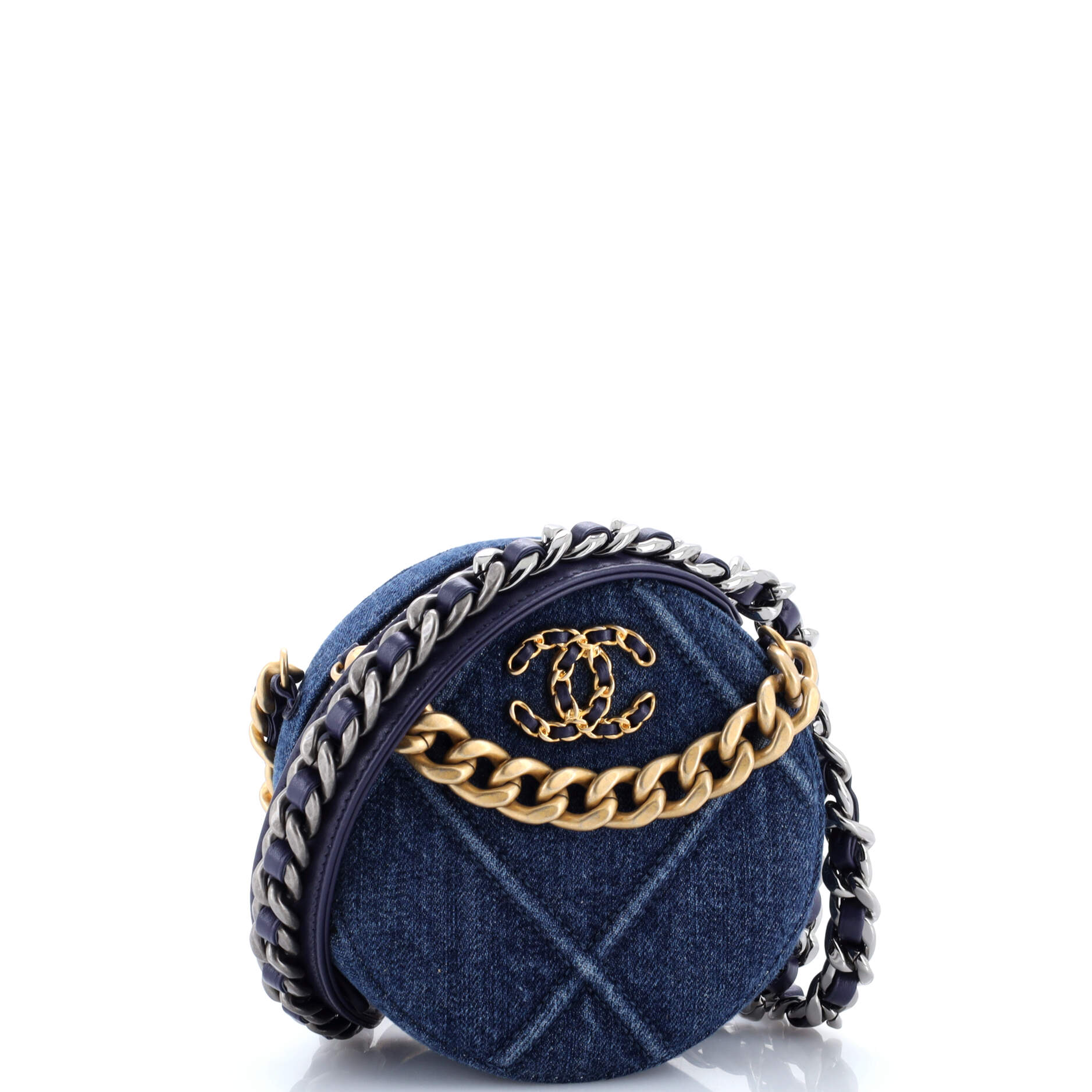 19 Round Clutch with Chain Quilted Denim