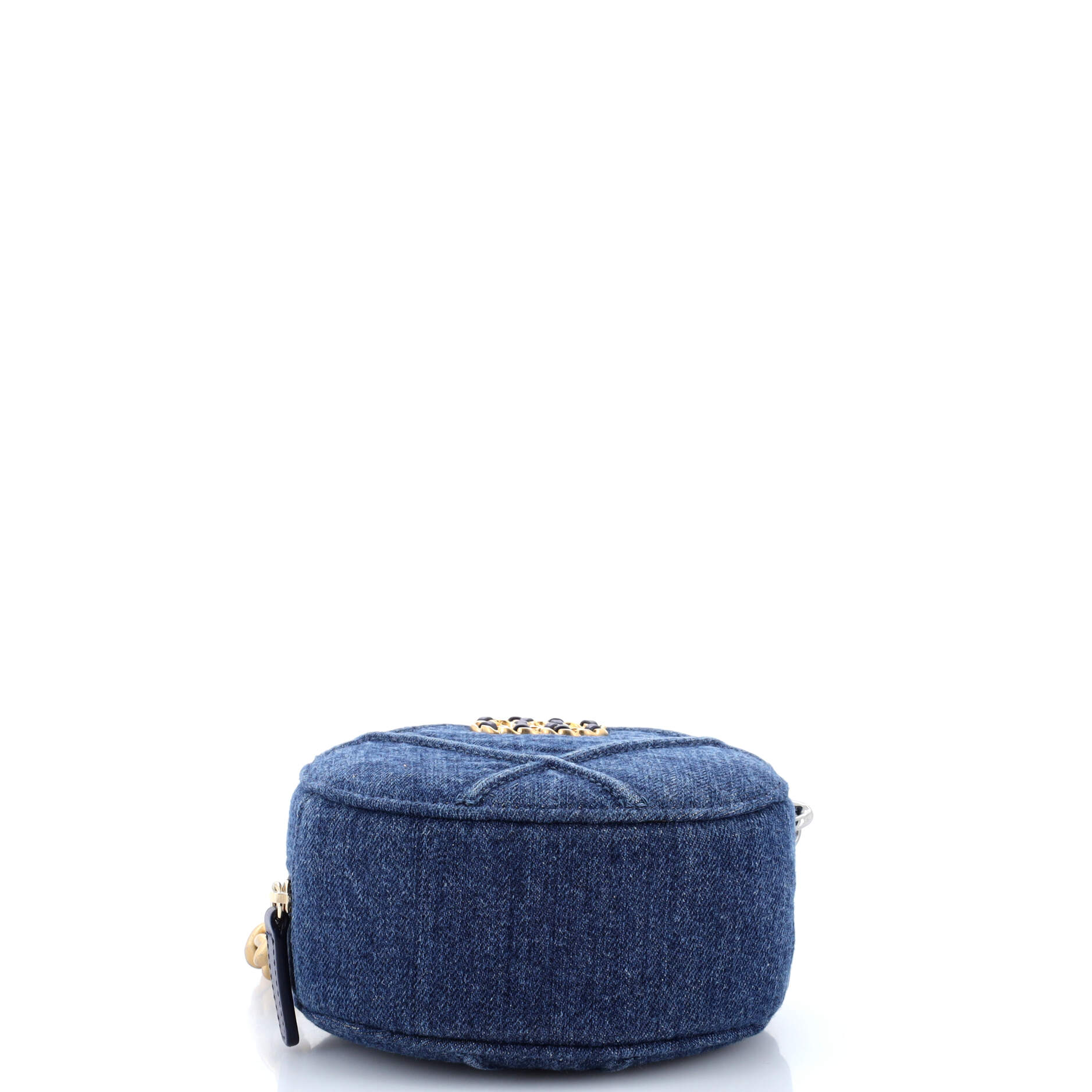 19 Round Clutch with Chain Quilted Denim
