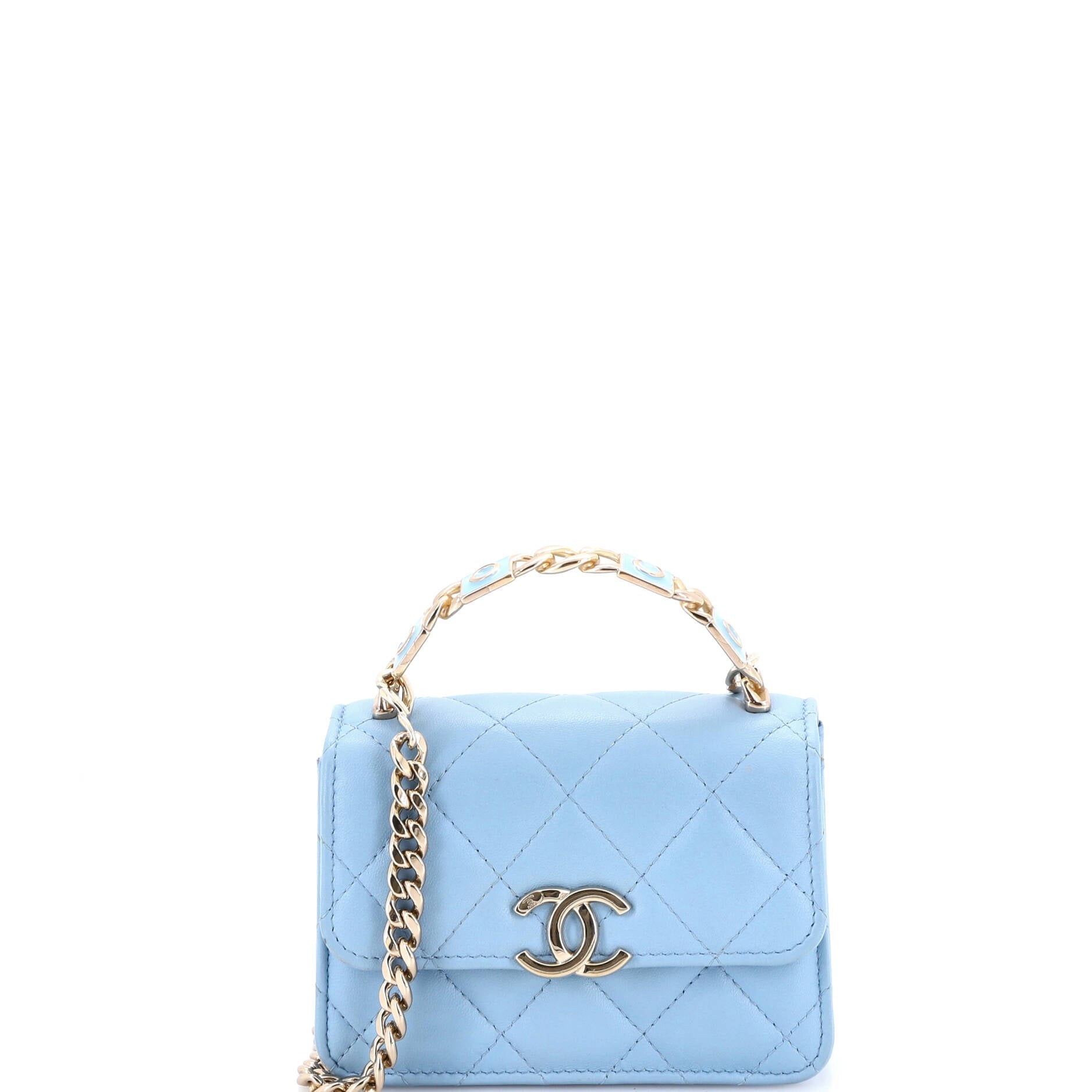 Coco Enamel Top Handle Flap Clutch with Chain Quilted Lambskin