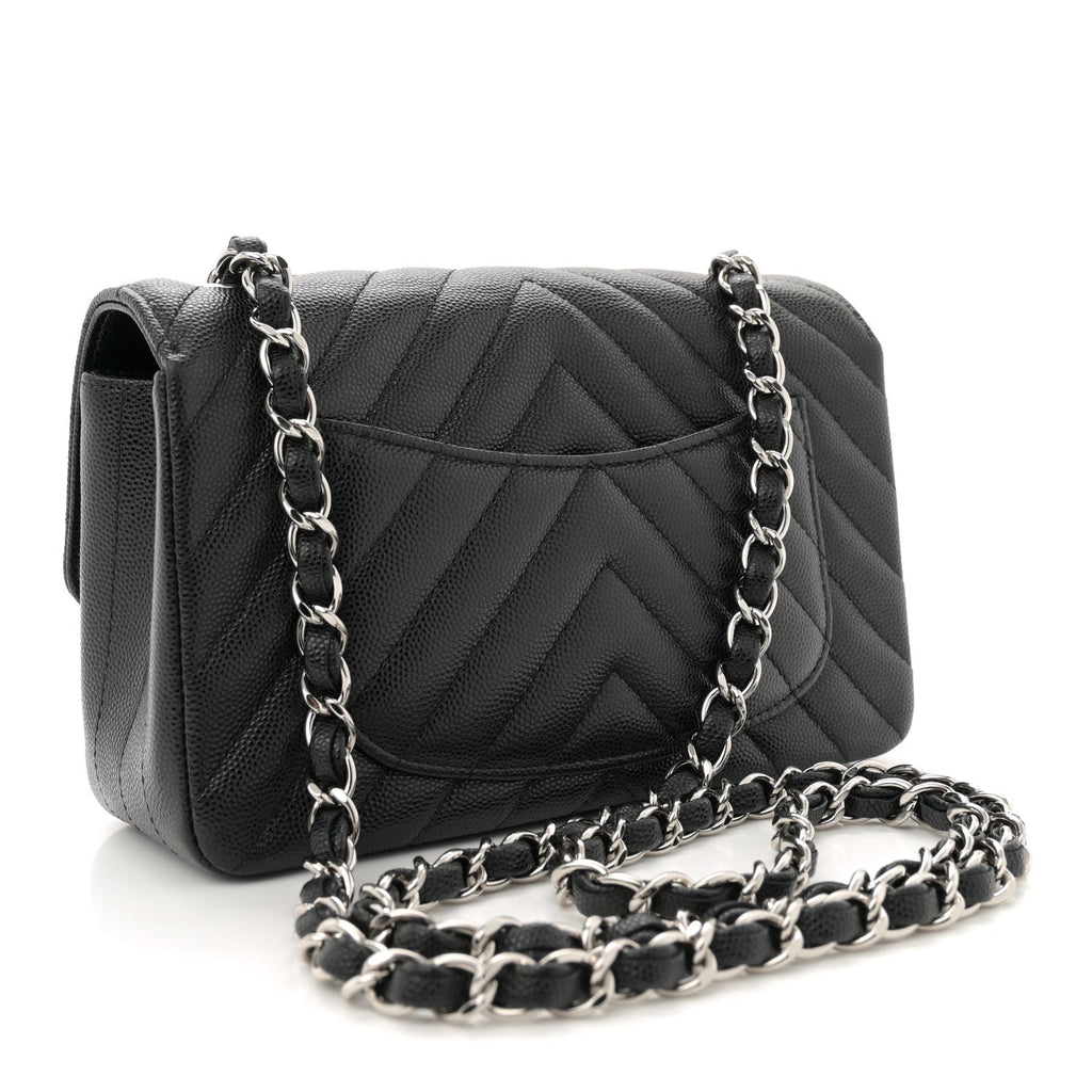 Caviar Chevron Quilted Mini Rectangular Flap Black