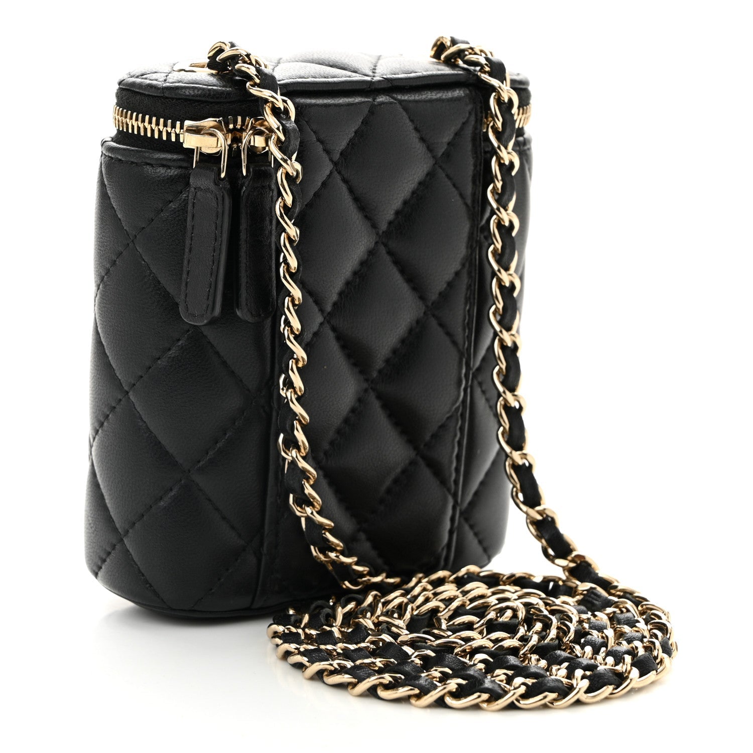 Lambskin Quilted Small Vertical Coco Beauty Vanity Case With Chain Black