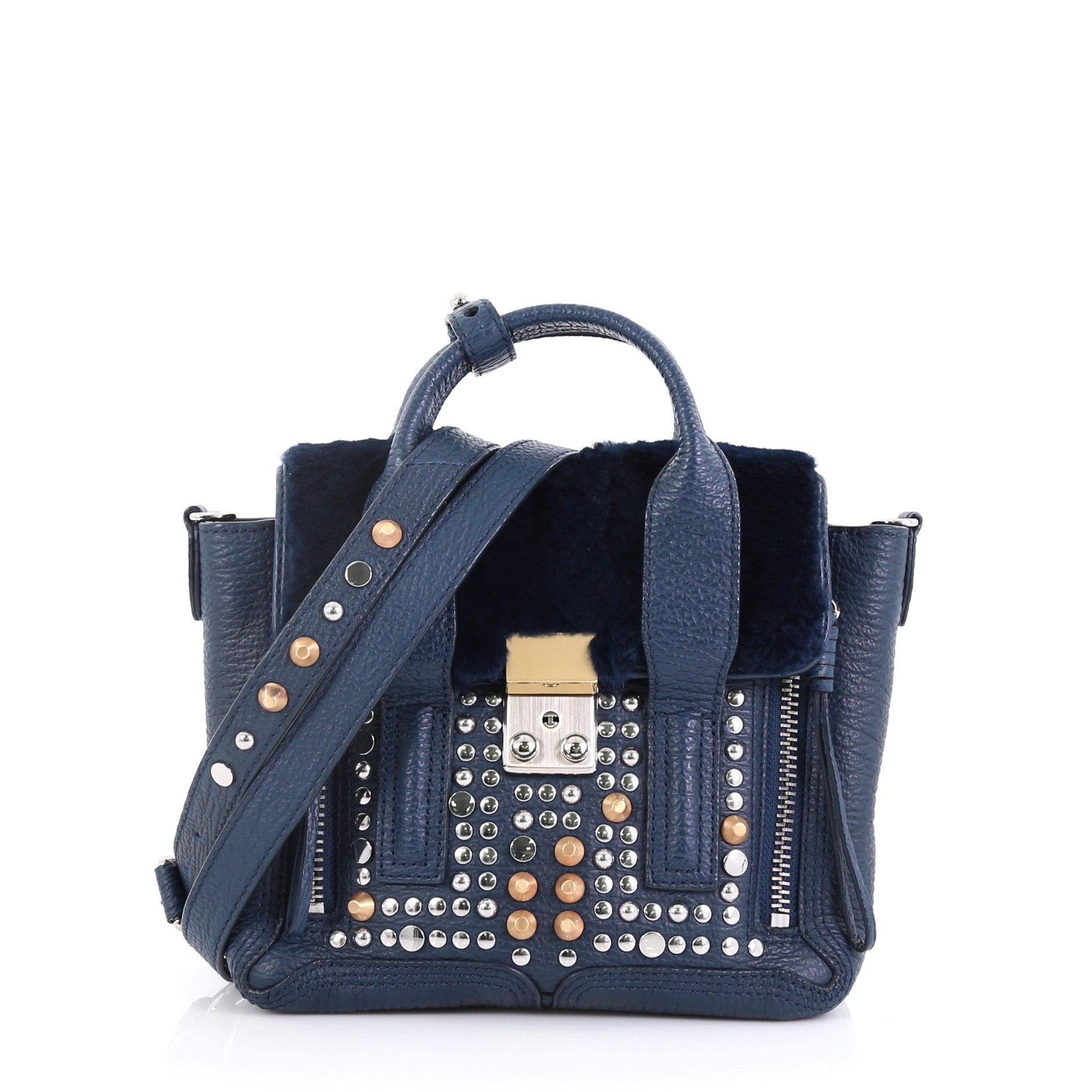 Pashli Satchel Studded Leather with Fur Mini