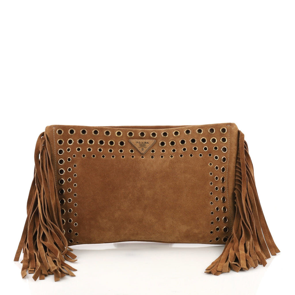 Grommet Fringe Clutch Suede Large