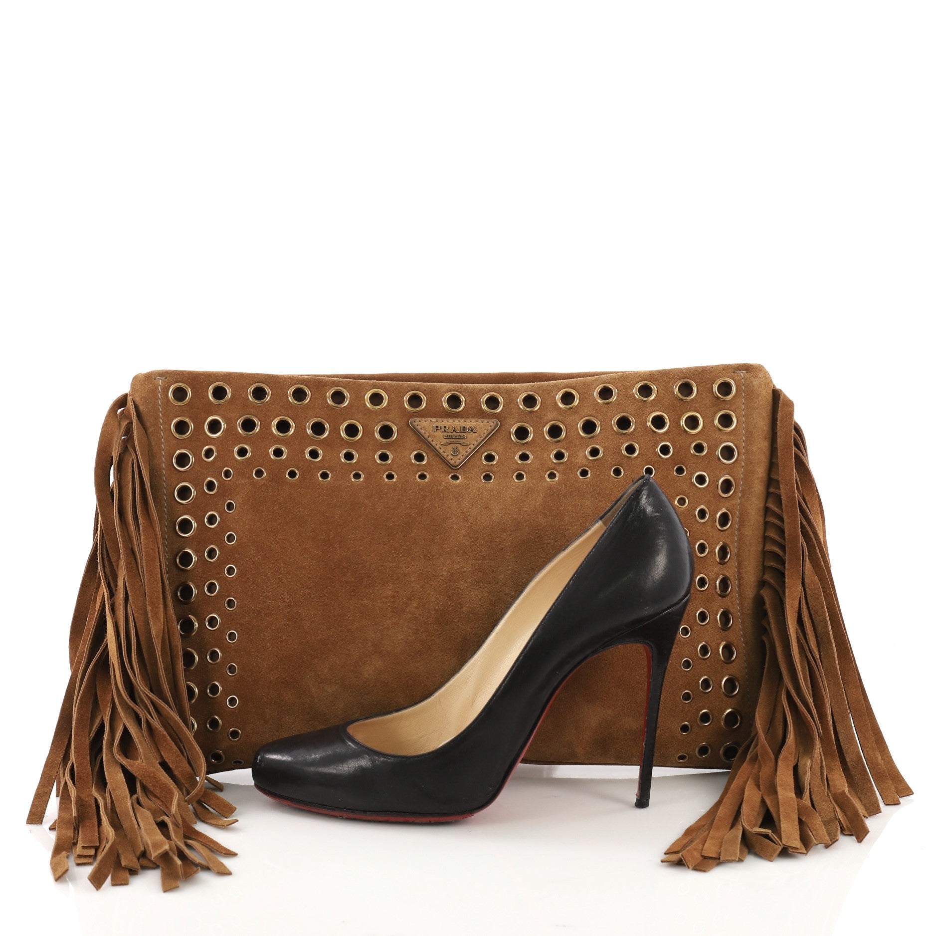 Grommet Fringe Clutch Suede Large