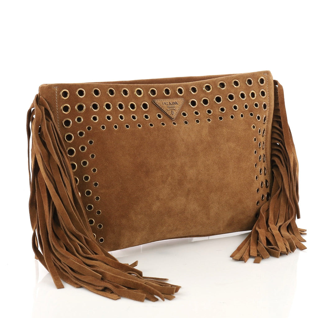 Grommet Fringe Clutch Suede Large