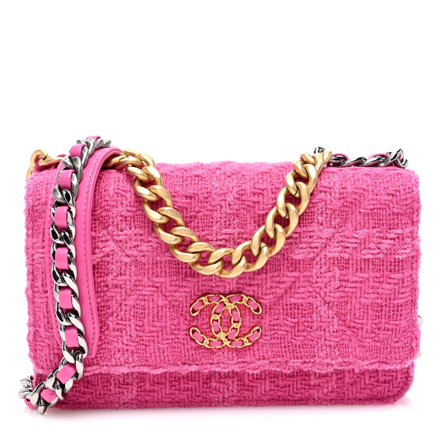 Wool Tweed Lambskin Quilted Chanel 19 Wallet On Chain WOC and Coin Purse  Fuchsia