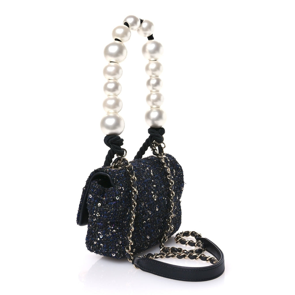 Tweed Mini Pearl Handle Flap Black Ecru