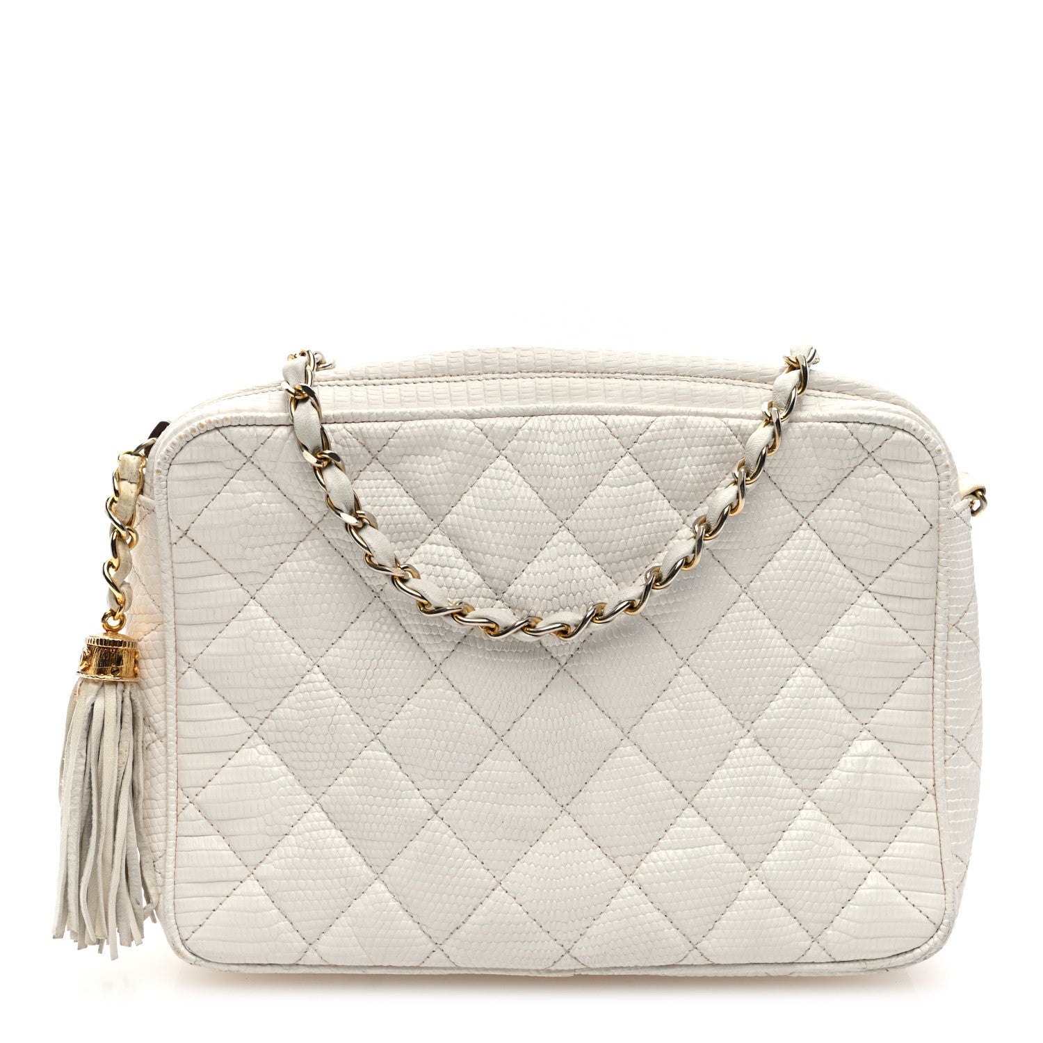 Lizard Quilted Small Tassel Camera Case White