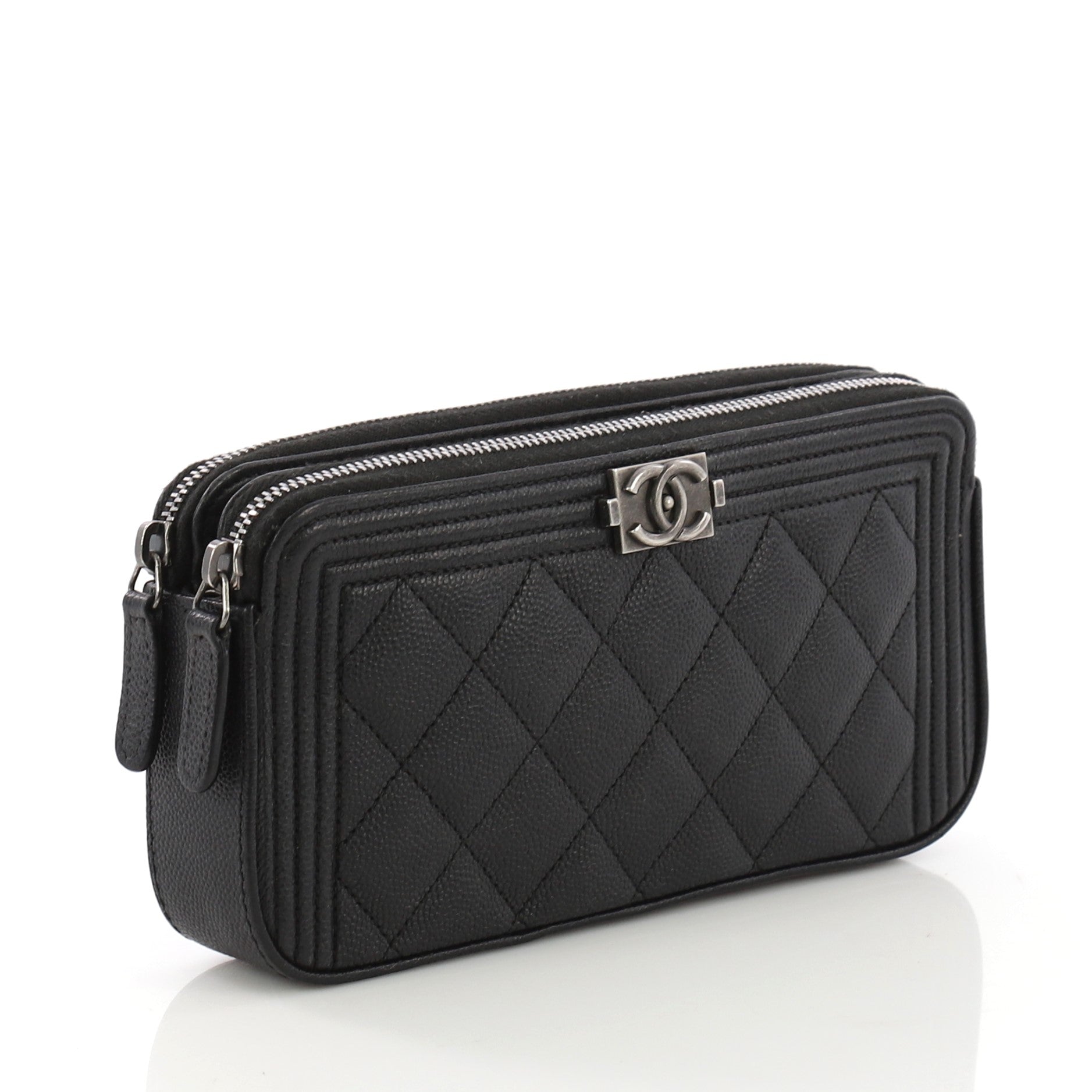 Boy Double Zip Clutch with Chain Quilted Caviar