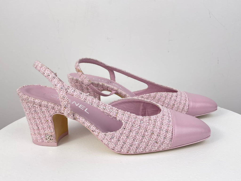 Chanel Pink Tweed M Slingback Pumps with CC Logo 39