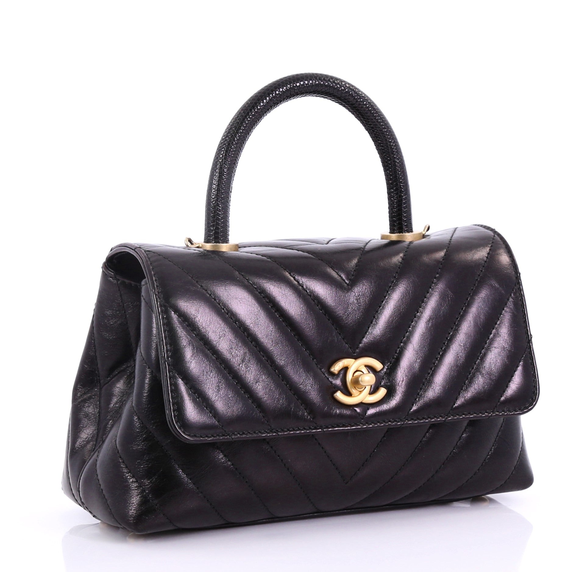 Coco Top Handle Bag Chevron Calfskin with Lizard Mini